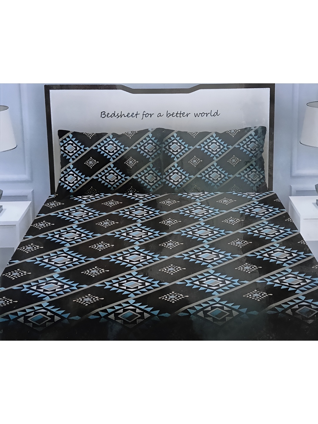 

Signature Black & Blue Geometric 150 TC Queen Bedsheet with 2 Pillow Covers