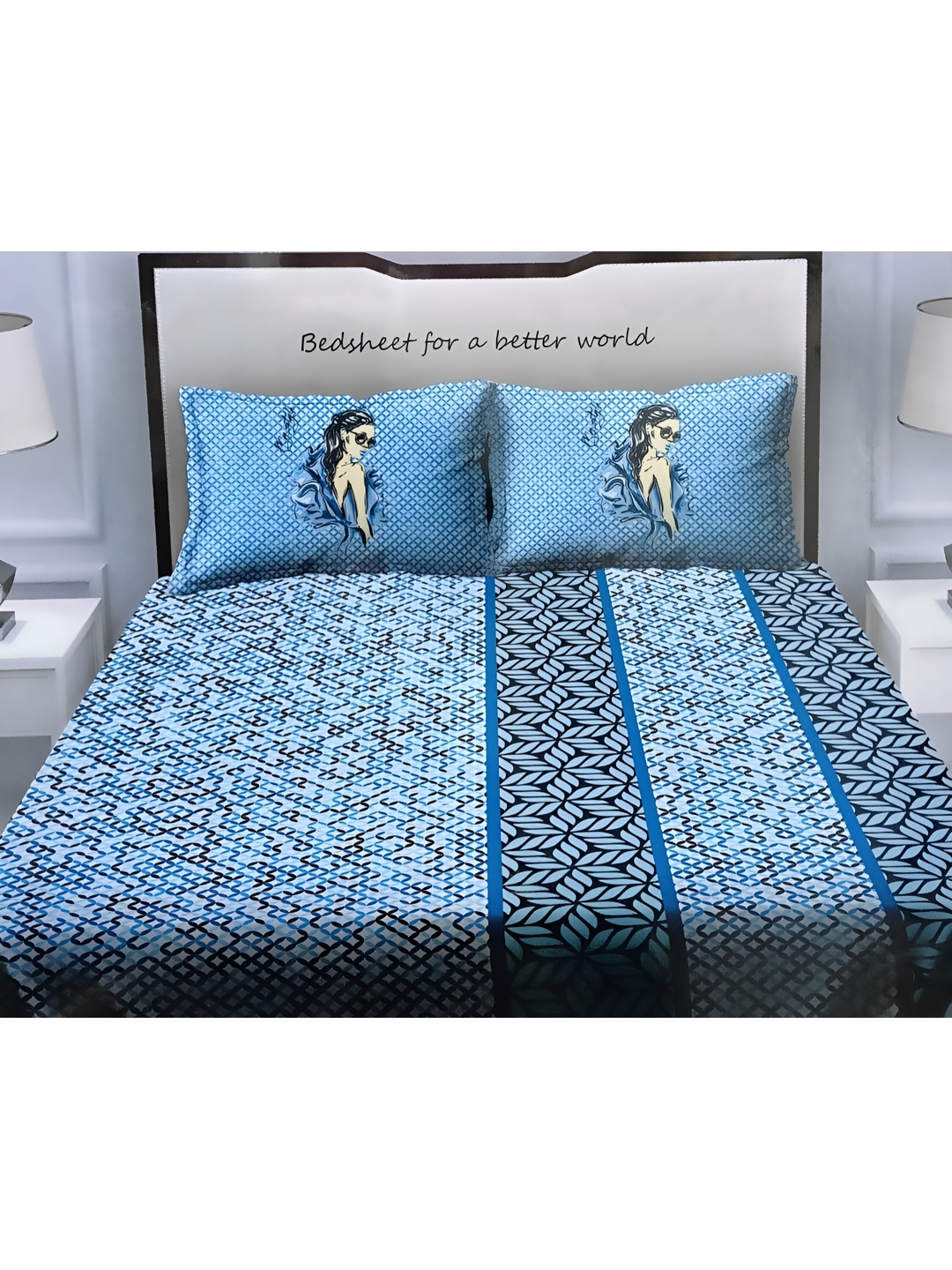 

Signature Blue & Black Geometric 150 TC Queen Bedsheet with 2 Pillow Covers