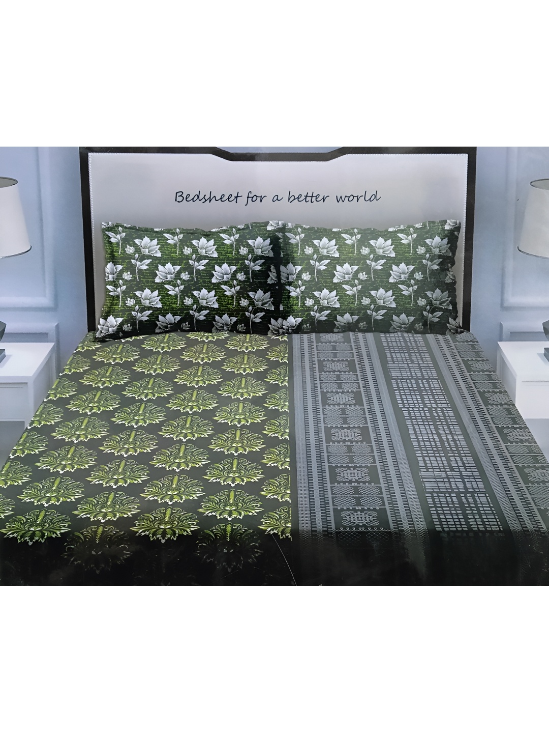 

Signature Green & White Printed 150 TC Cotton Queen Bedsheet with 2 Pillow Covers