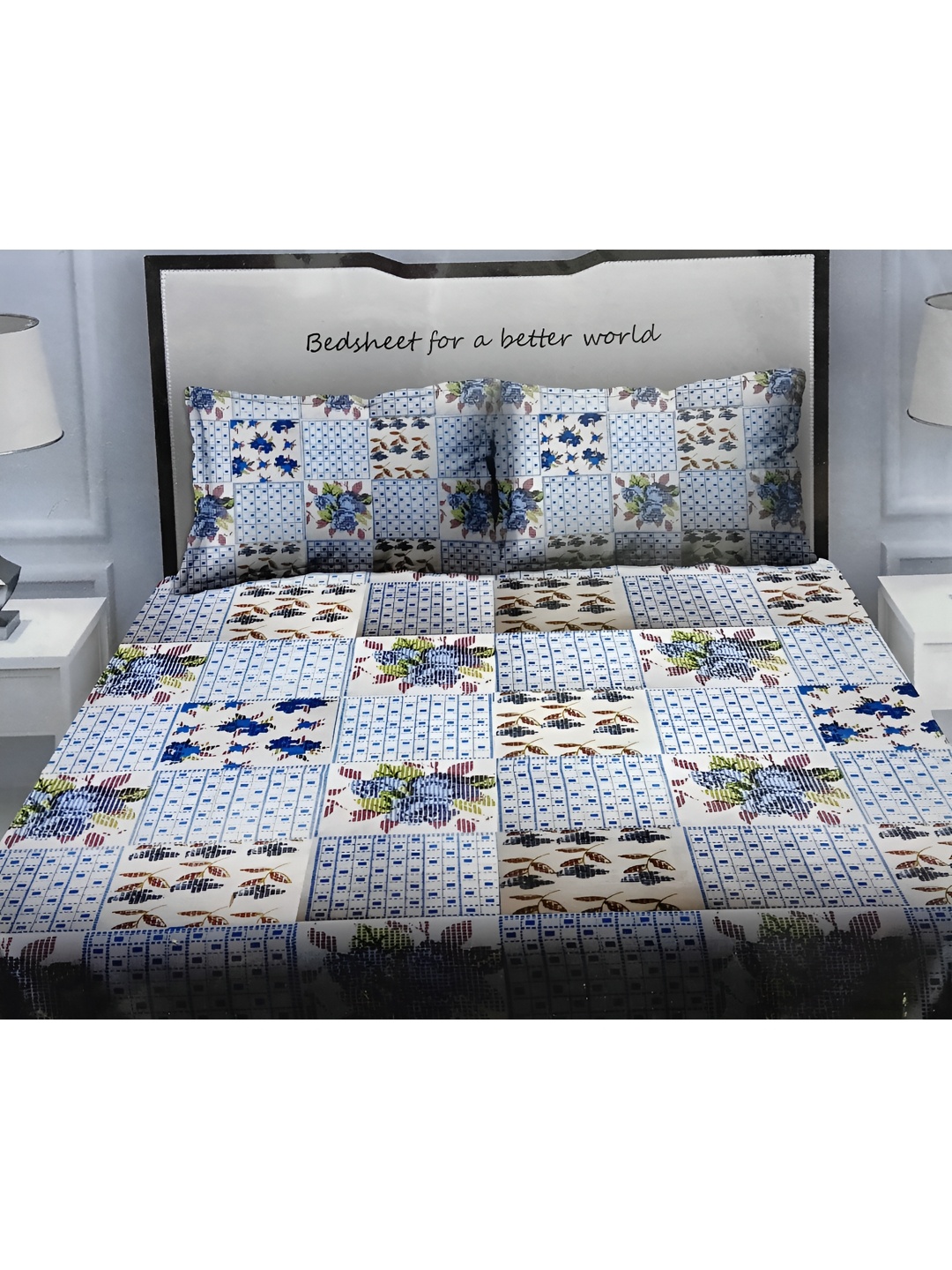 

Signature Cream-Coloured & Blue Floral 150 TC Cotton Queen Bedsheet with 2 Pillow Covers