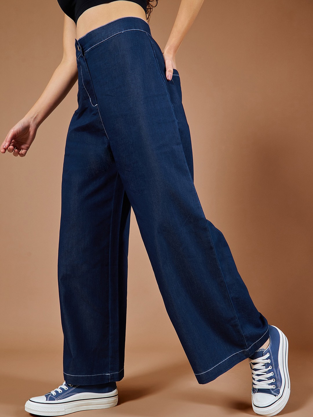 

BAESD Women Relaxed Fit High-Rise Clean Look Stretchable Jeans, Navy blue