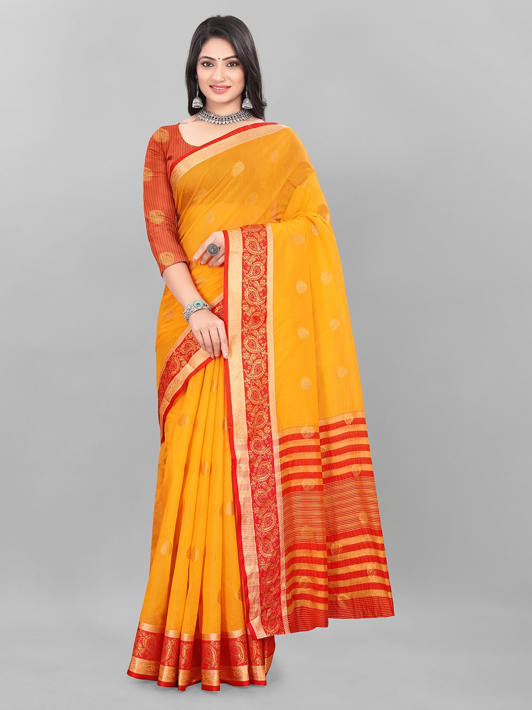 

MAGNEITTA Ethnic Motifs Woven Design Zari Saree, Yellow