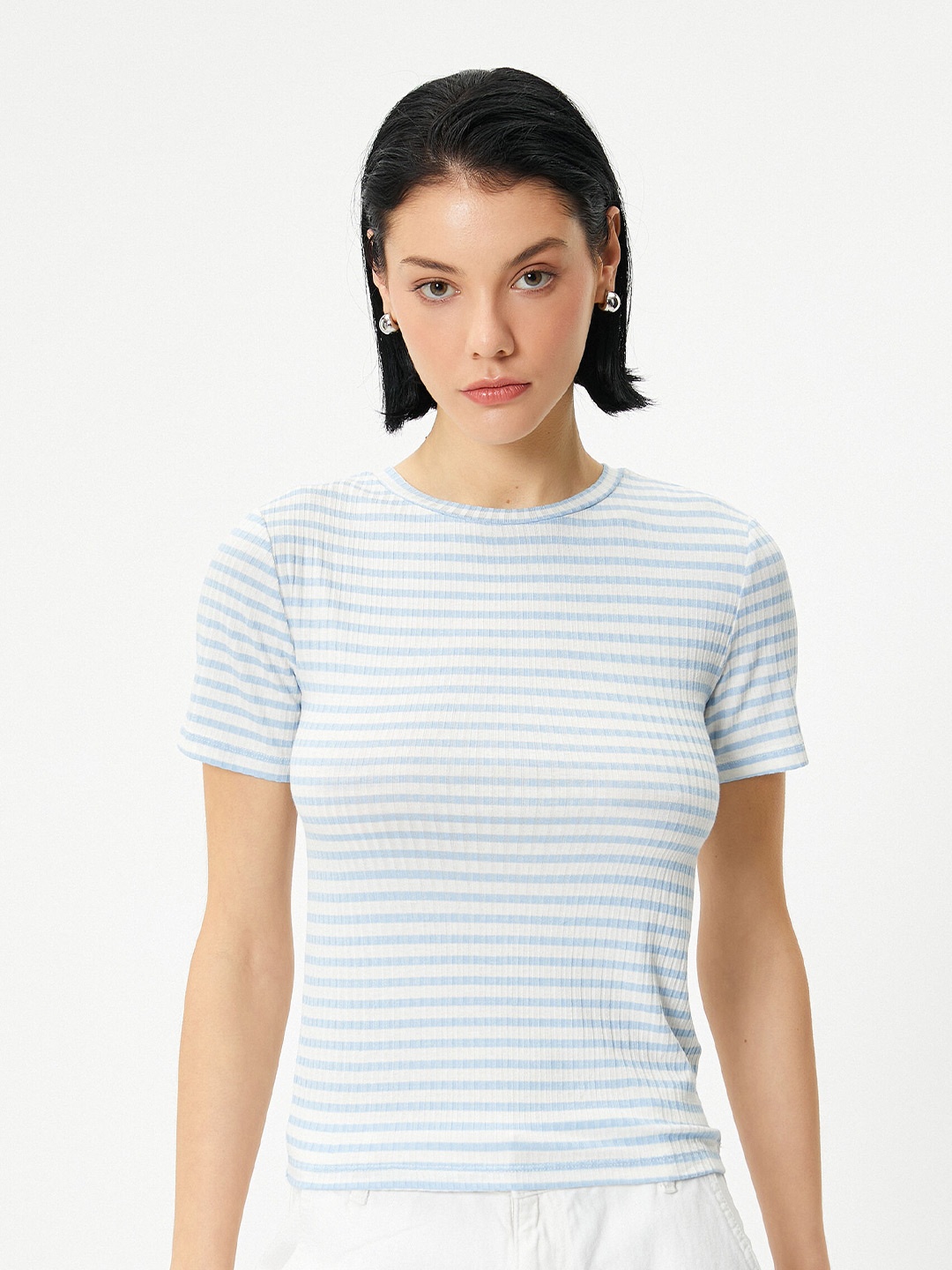 

Koton Women Striped Pockets T-shirt, Blue