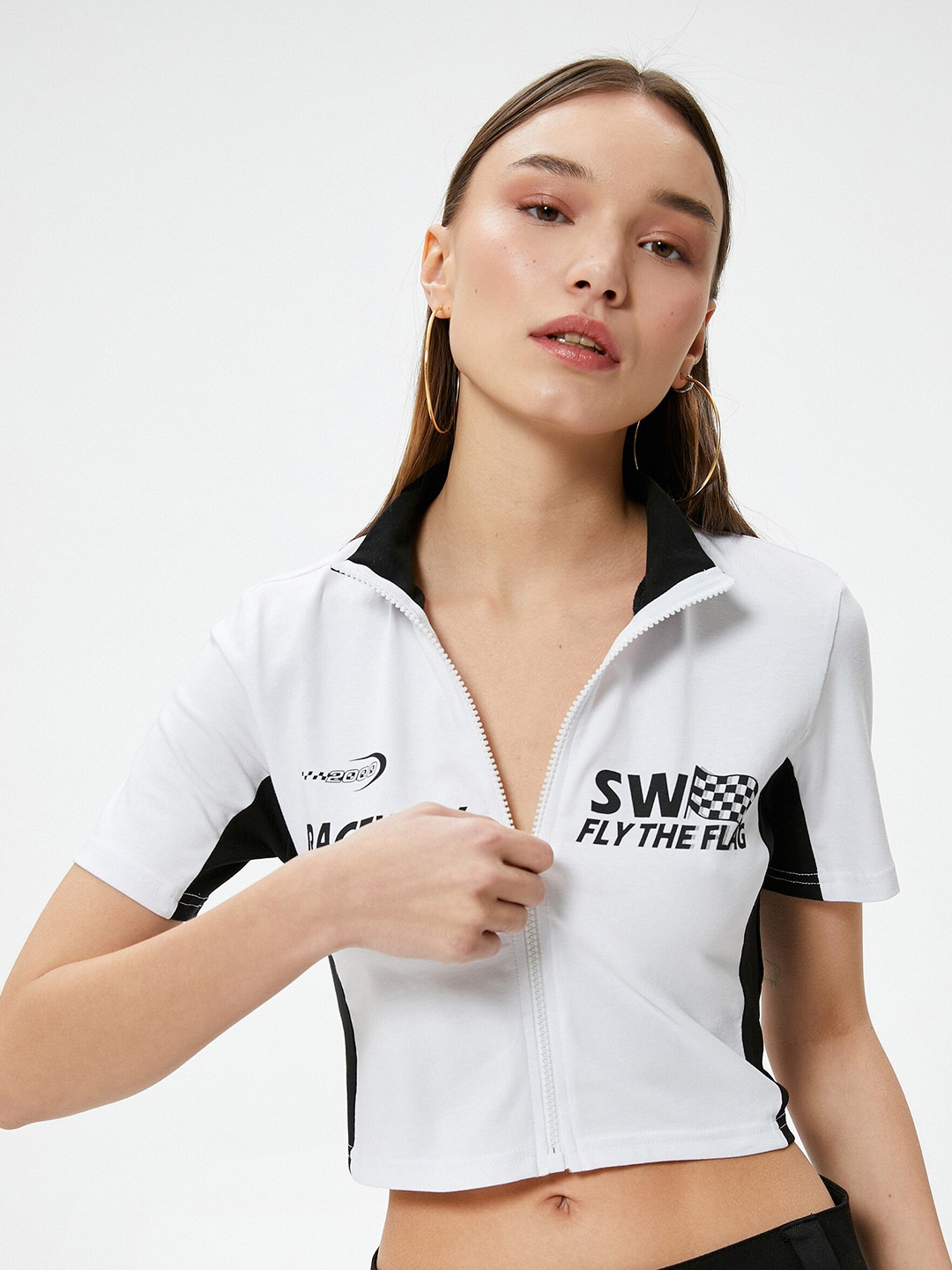 Koton Women Typography Polo Collar Pockets T-shirt, Beige