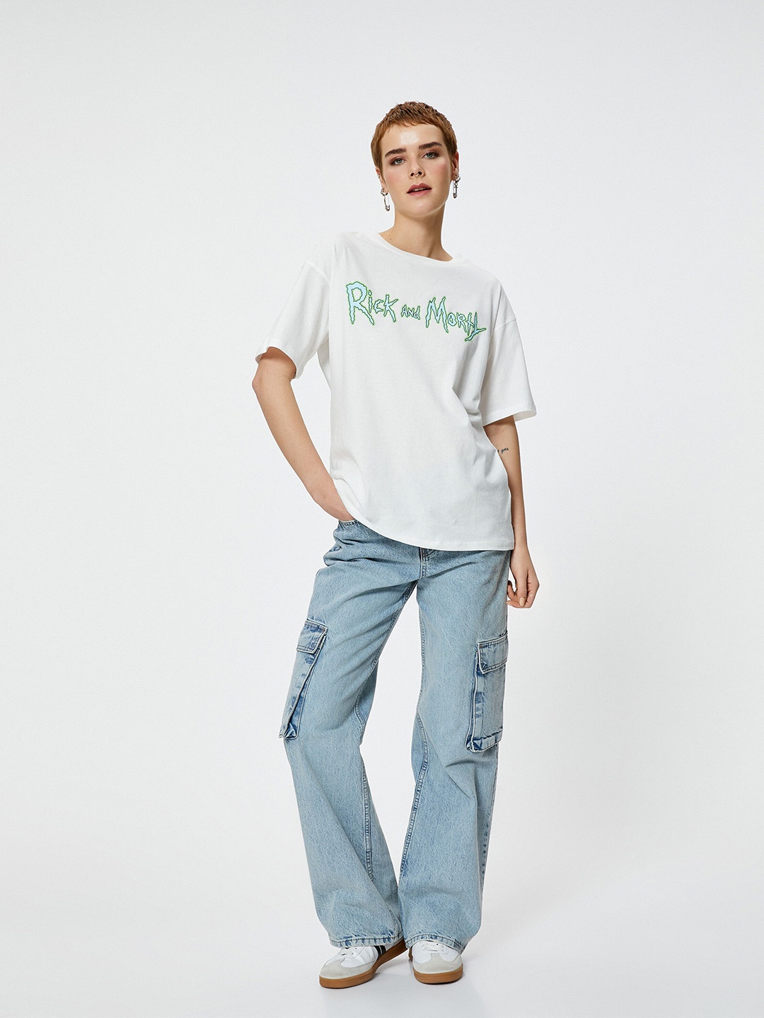 

Koton Women Typography Printed Extended Sleeves Applique T-shirt, Beige