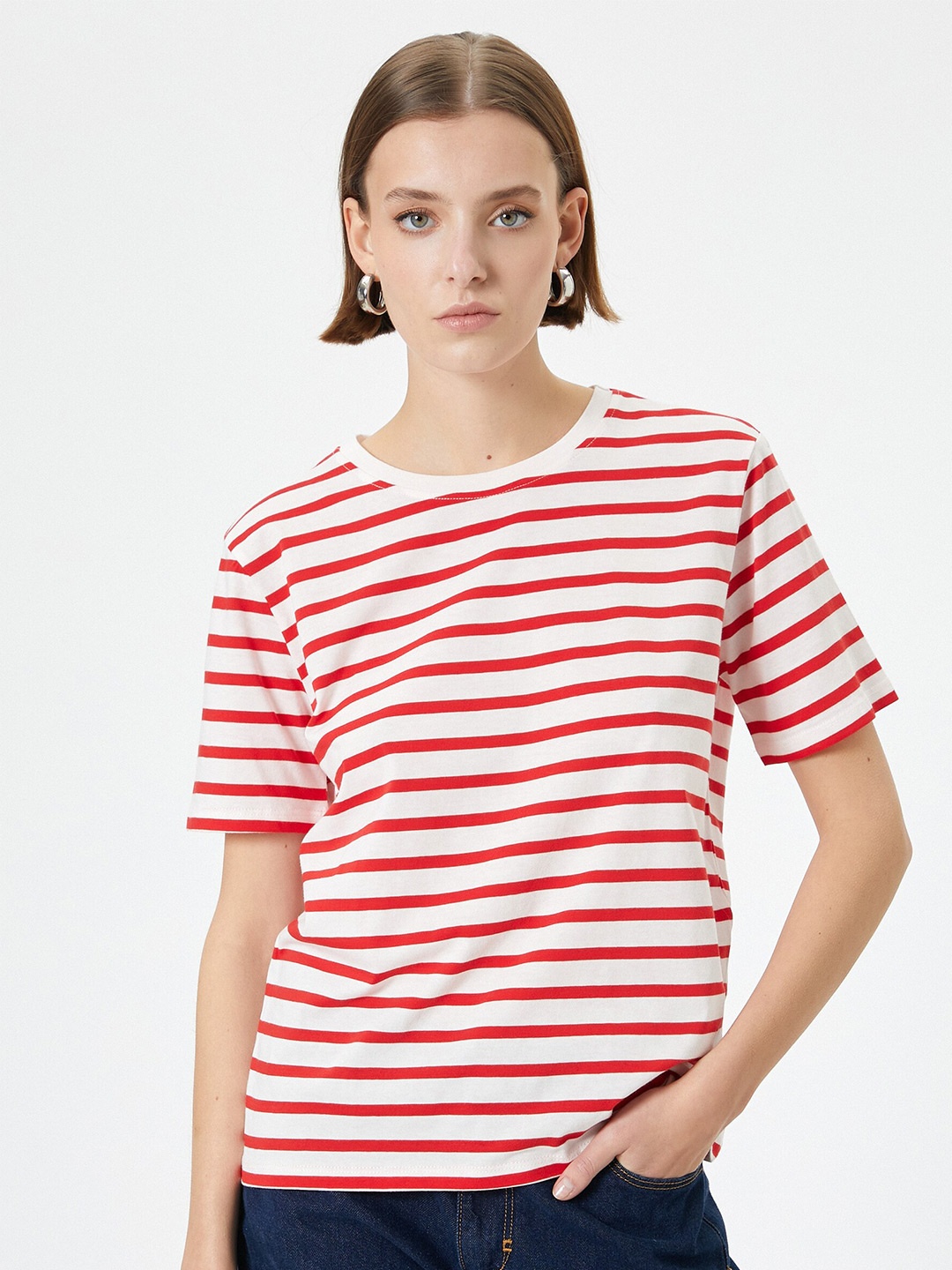 

Koton Women Striped V-Neck Extended Sleeves Pockets T-shirt, Red