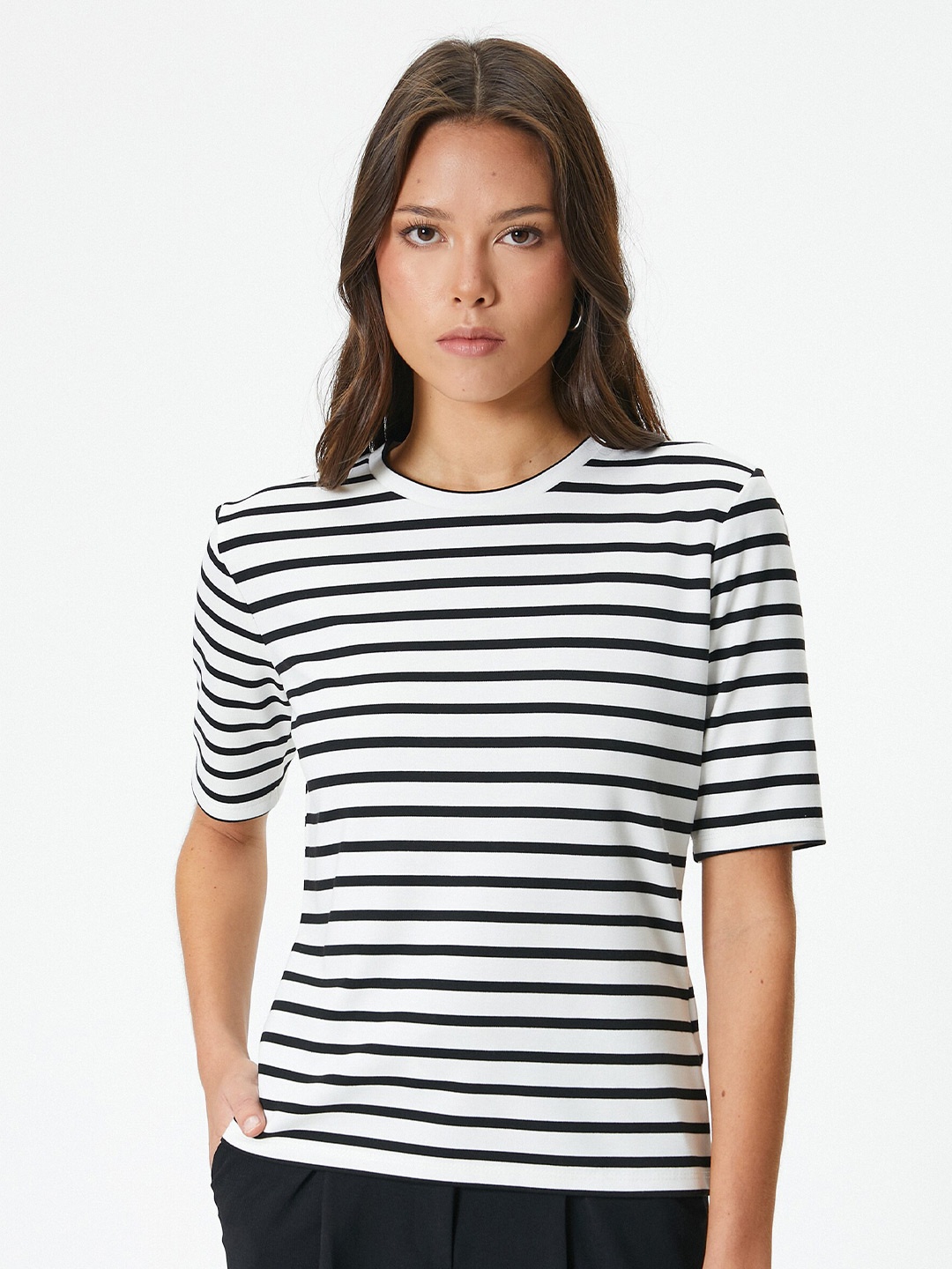 

Koton Women Striped V-Neck Monochrome Pockets Slim Fit T-shirt, Black