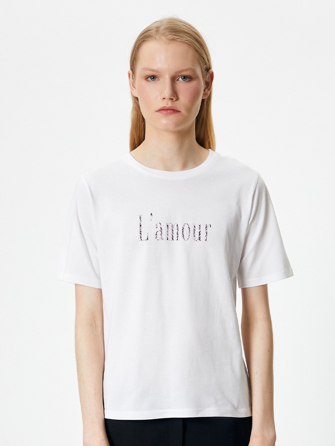 

Koton Women Typography Extended Sleeves Raw Edge T-shirt, White