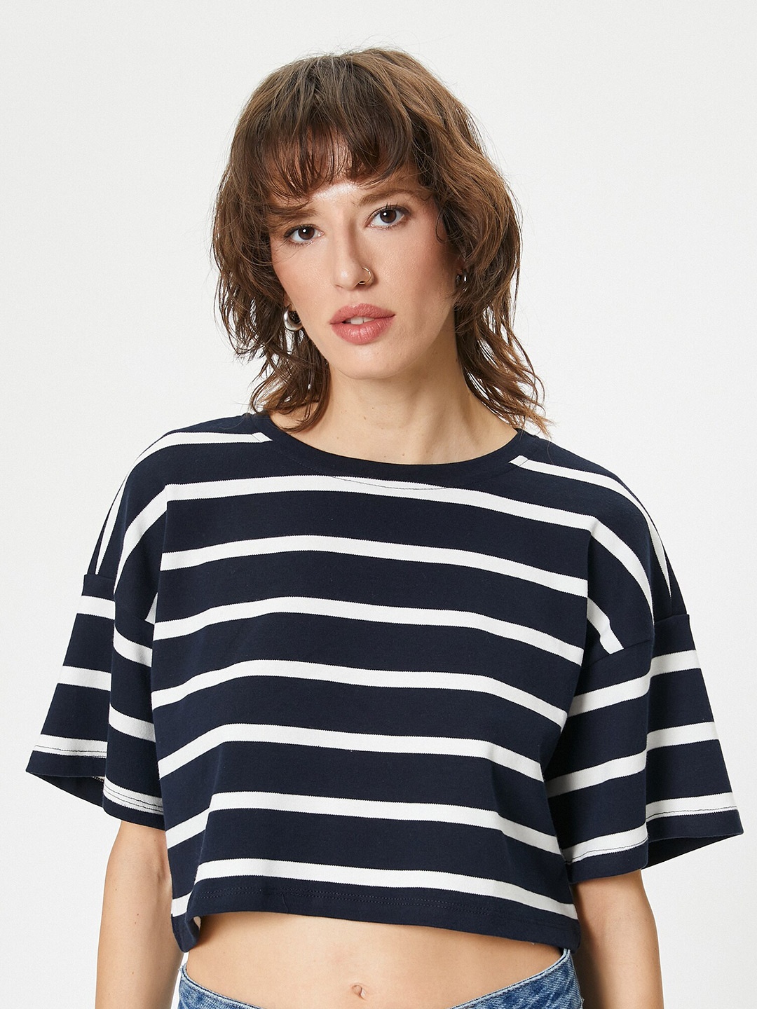 

Koton Women Striped V-Neck Pockets T-shirt, Navy blue