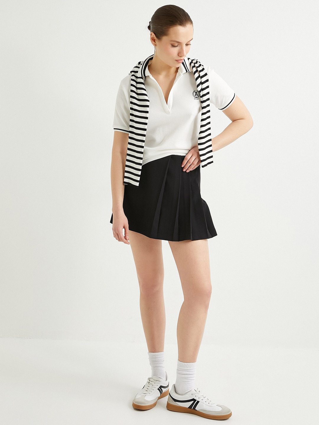 

Koton Women Striped V-Neck T-shirt, White