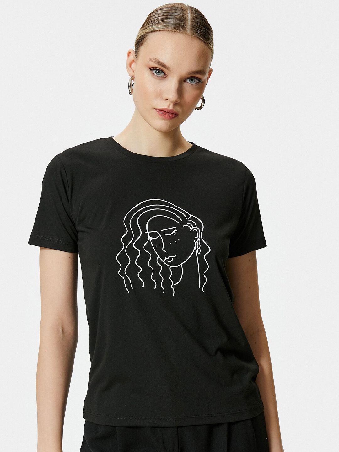 

Koton Women Printed Extended Sleeves T-shirt, Black