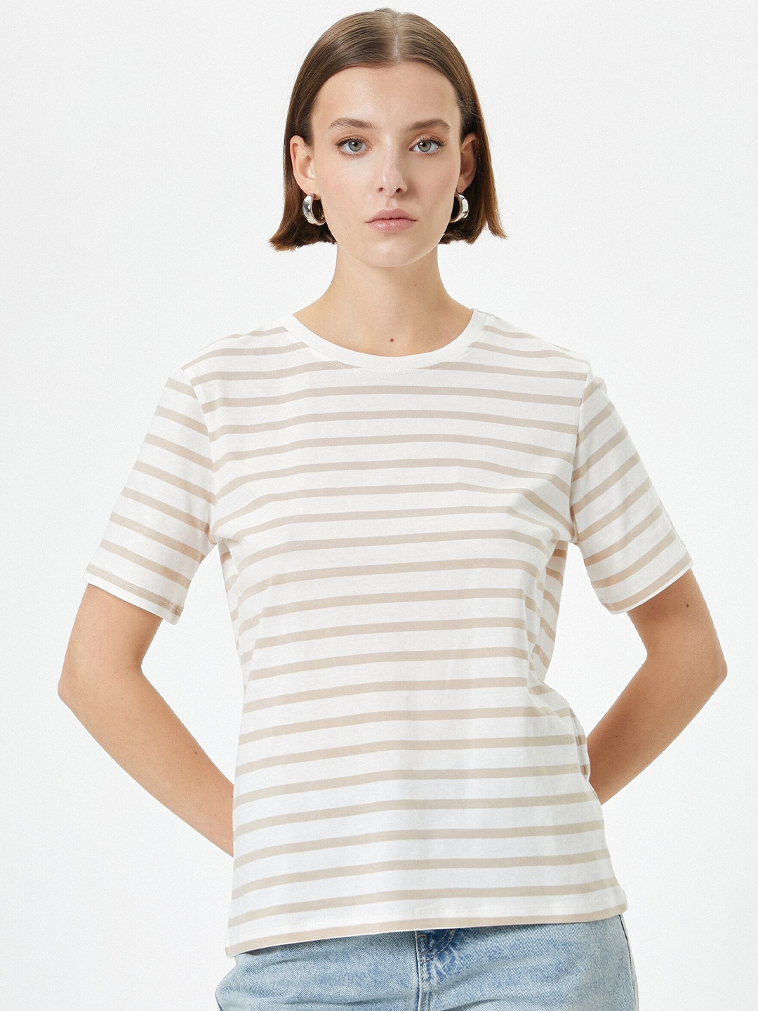 

Koton Women Striped V-Neck Pockets T-shirt, Beige