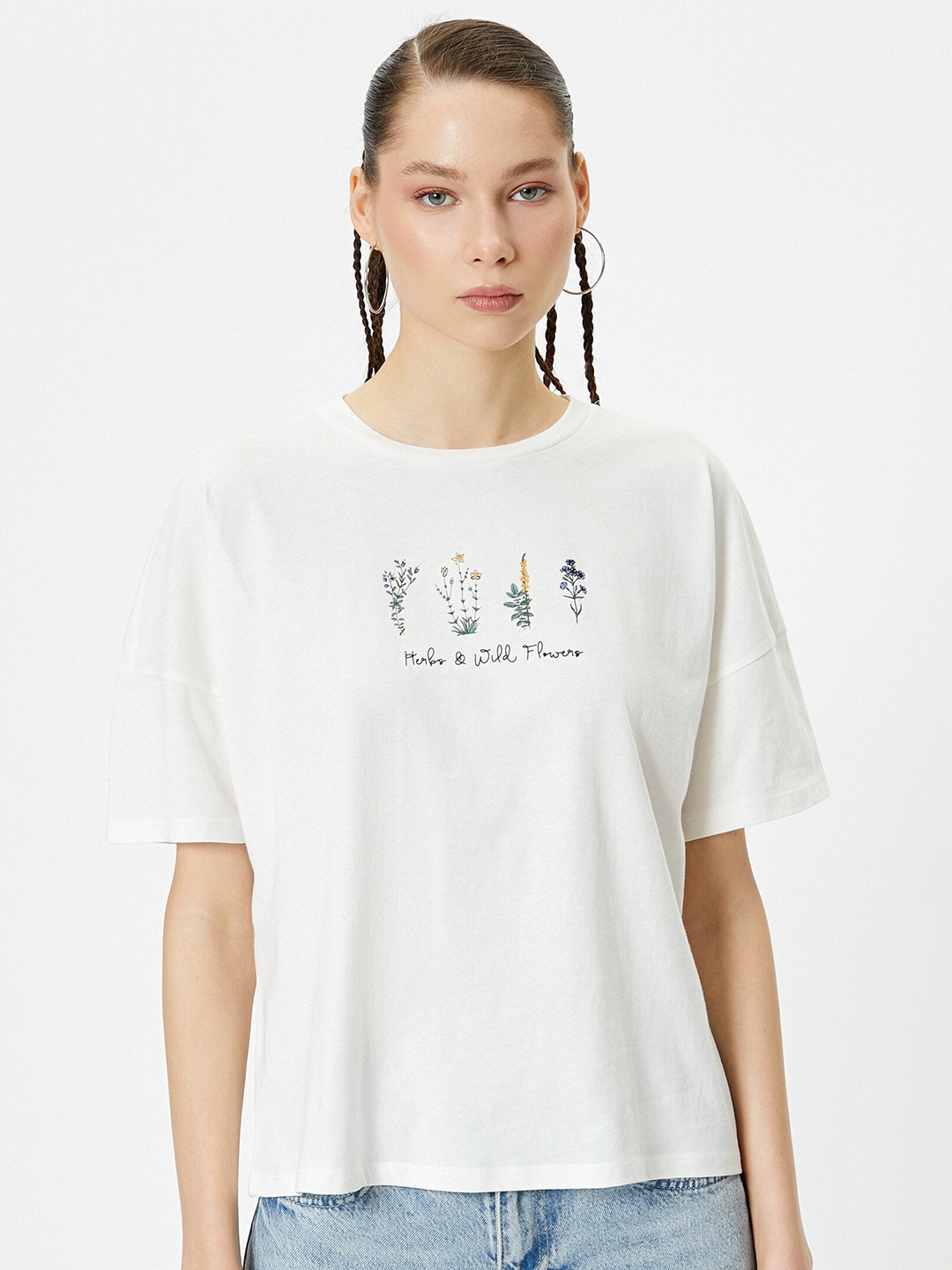 

Koton Women Typography V-Neck Extended Sleeves Pockets T-shirt, Beige