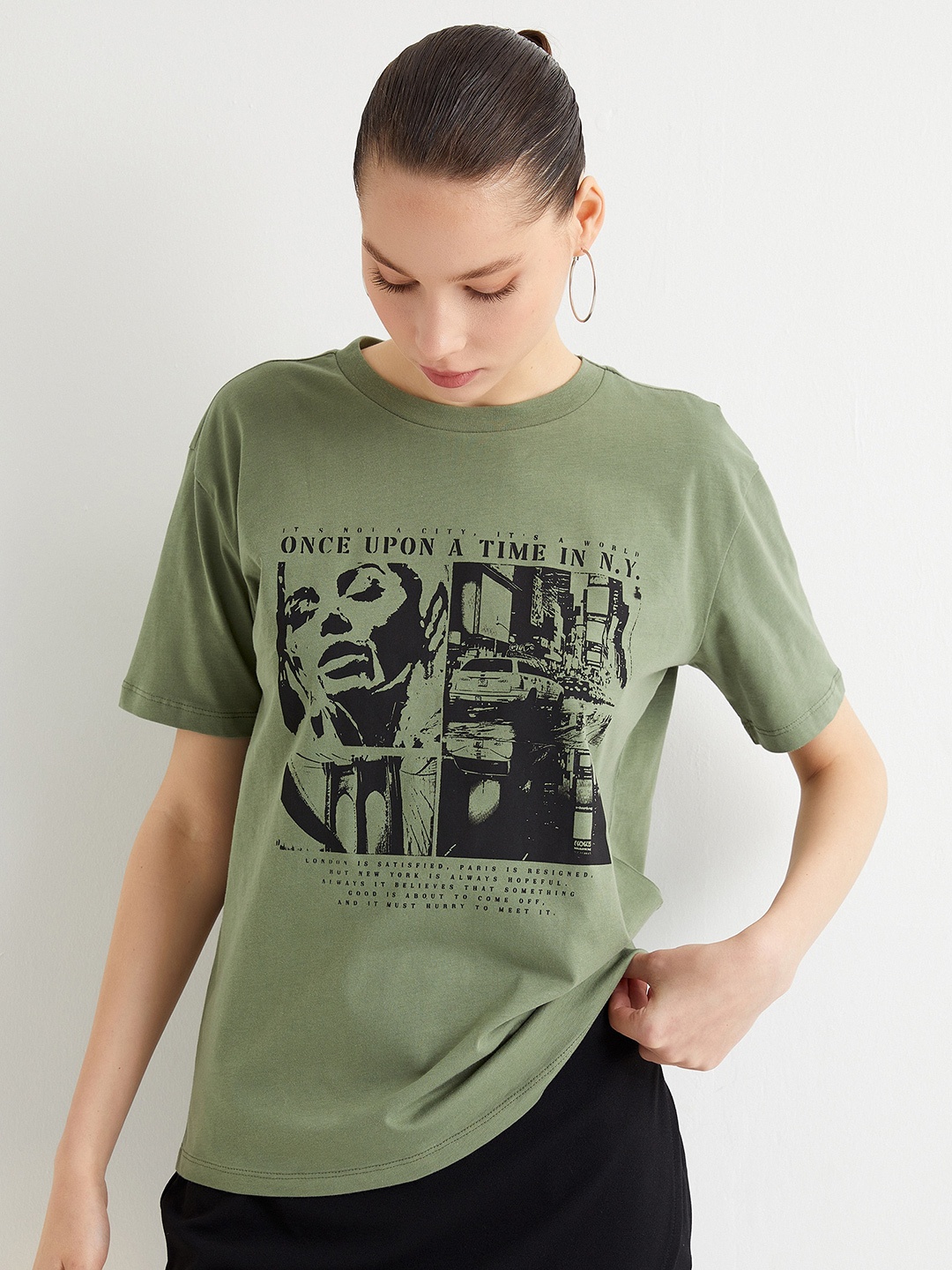 Koton Women Typography Printed Applique T-shirt, Green