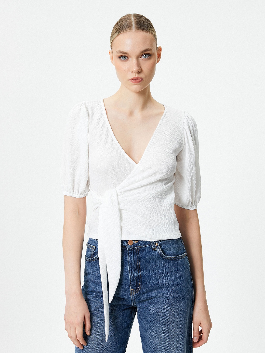 

Koton Women High Neck Drop-Shoulder Sleeves Pockets T-shirt, White