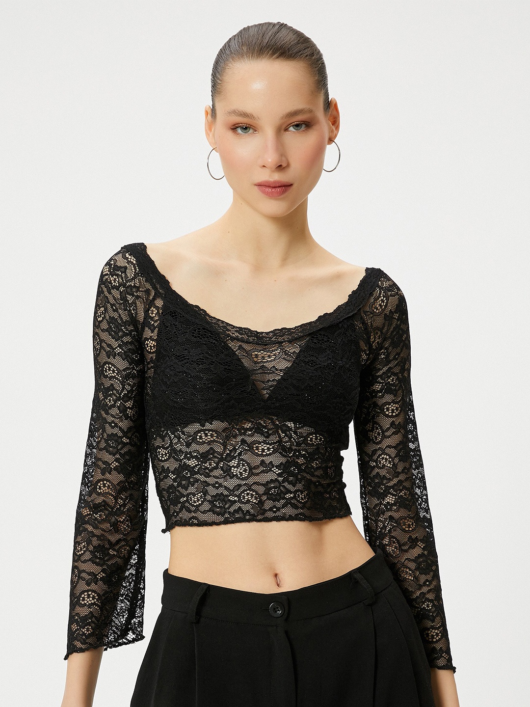 

Koton Floral Self Design Boat Neck Top, Black