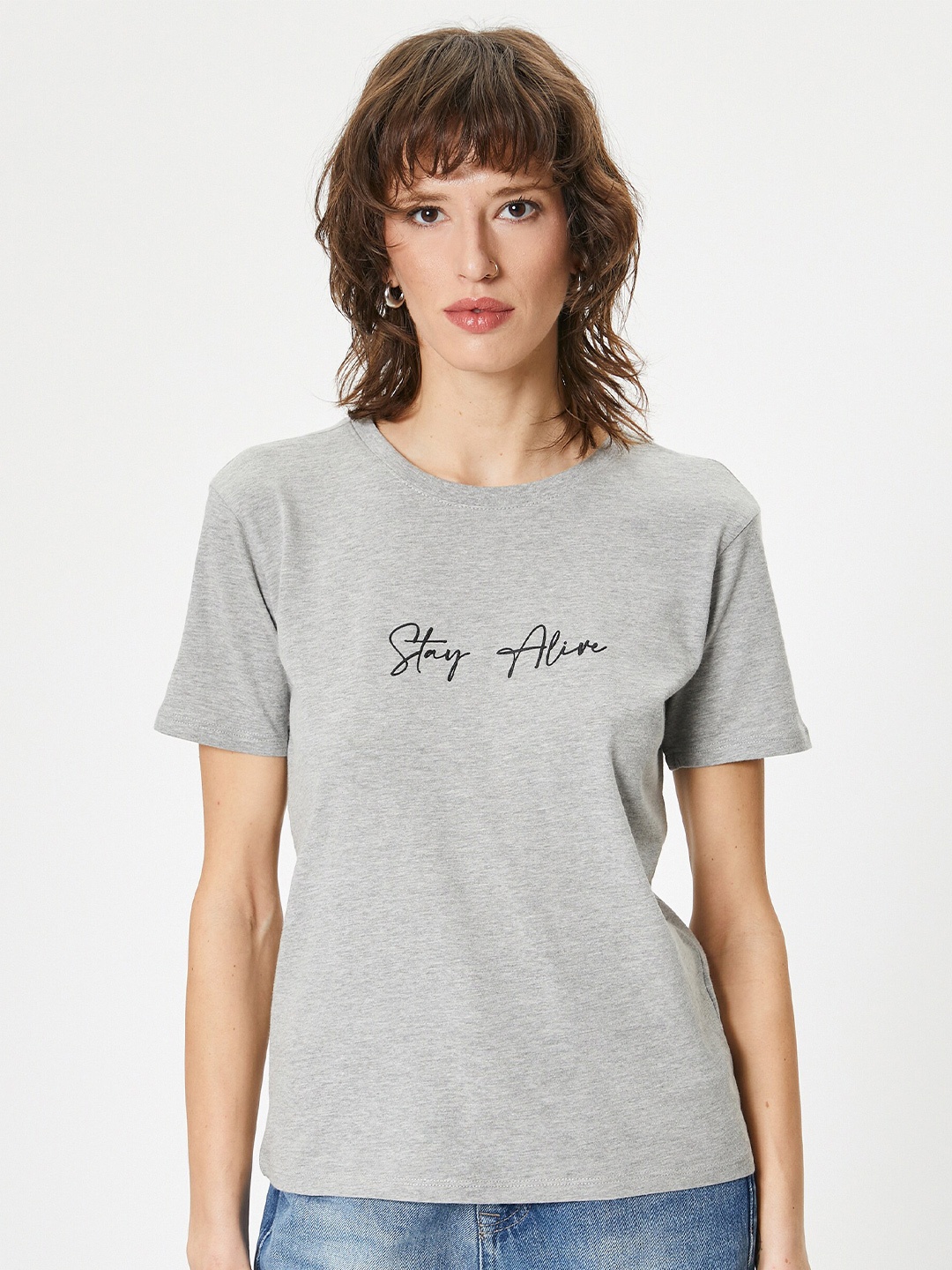 Koton Women Typography Pockets T-shirt, Grey
