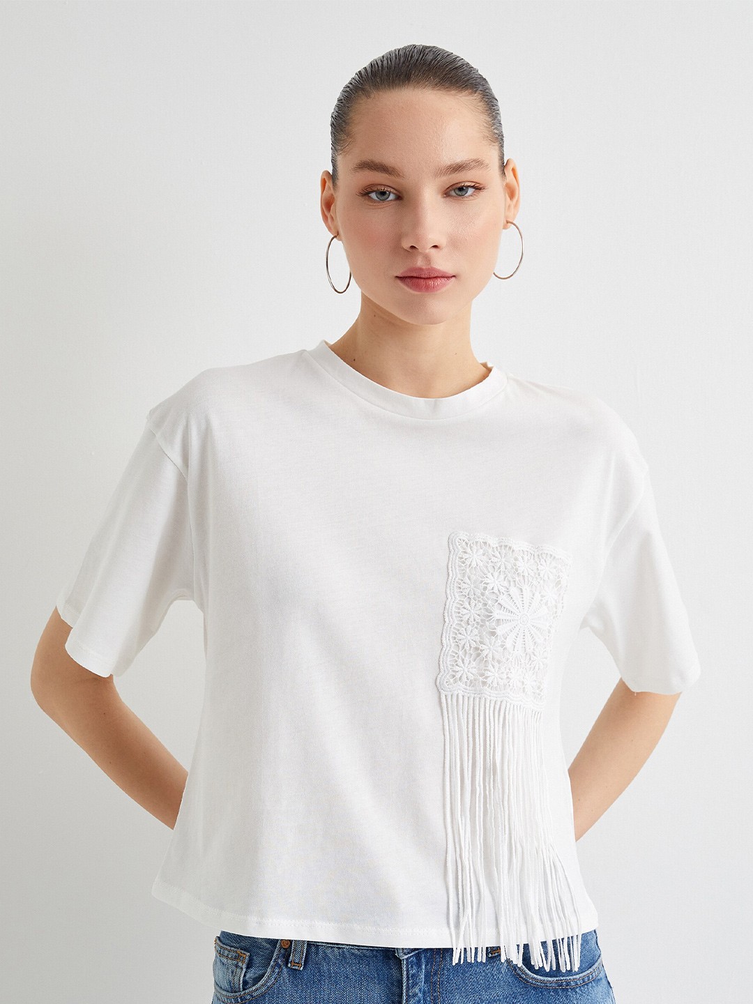 

Koton Women Typography Printed Pockets T-shirt, Beige