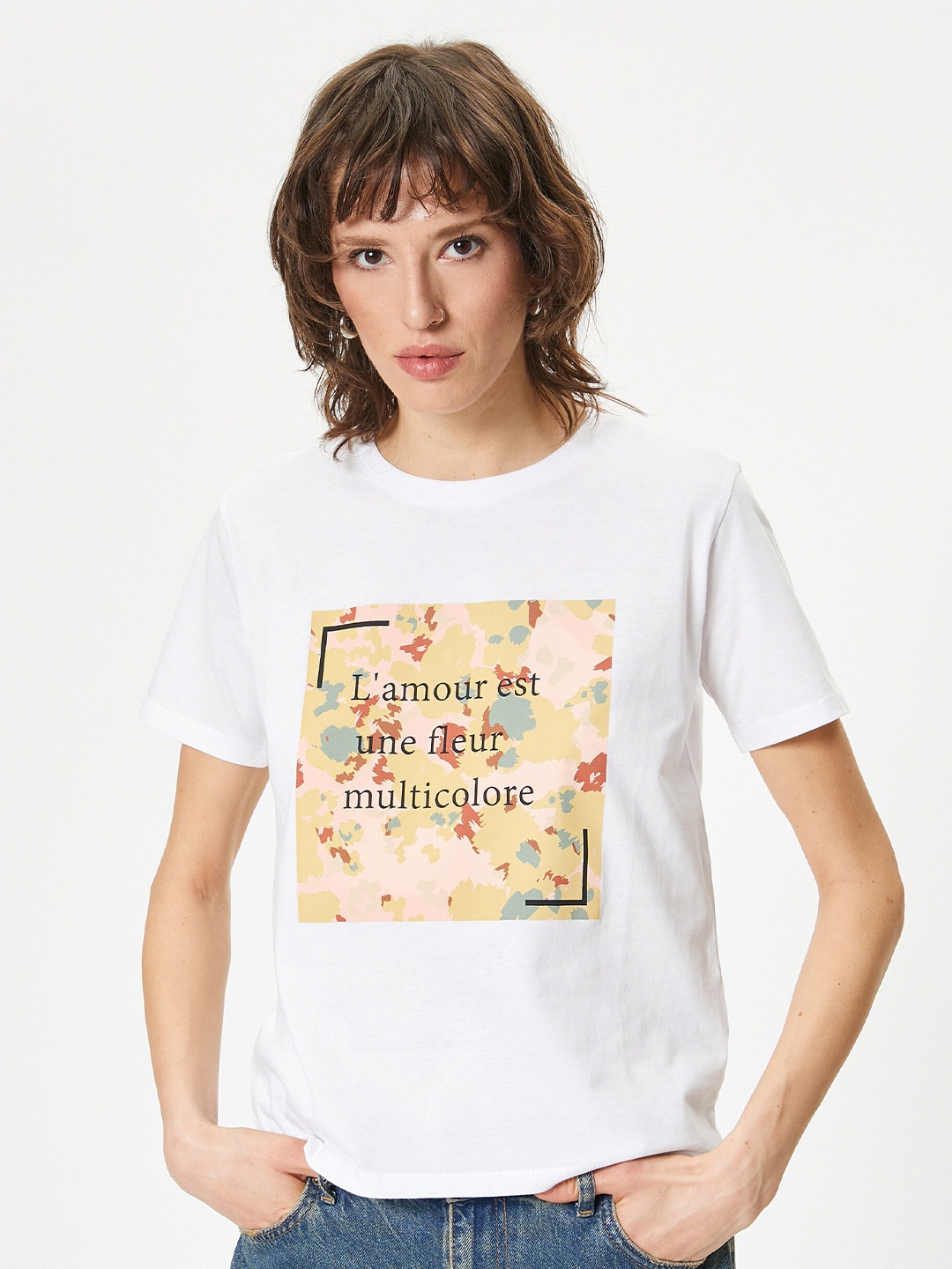 

Koton Women Typography Printed Applique T-shirt, White