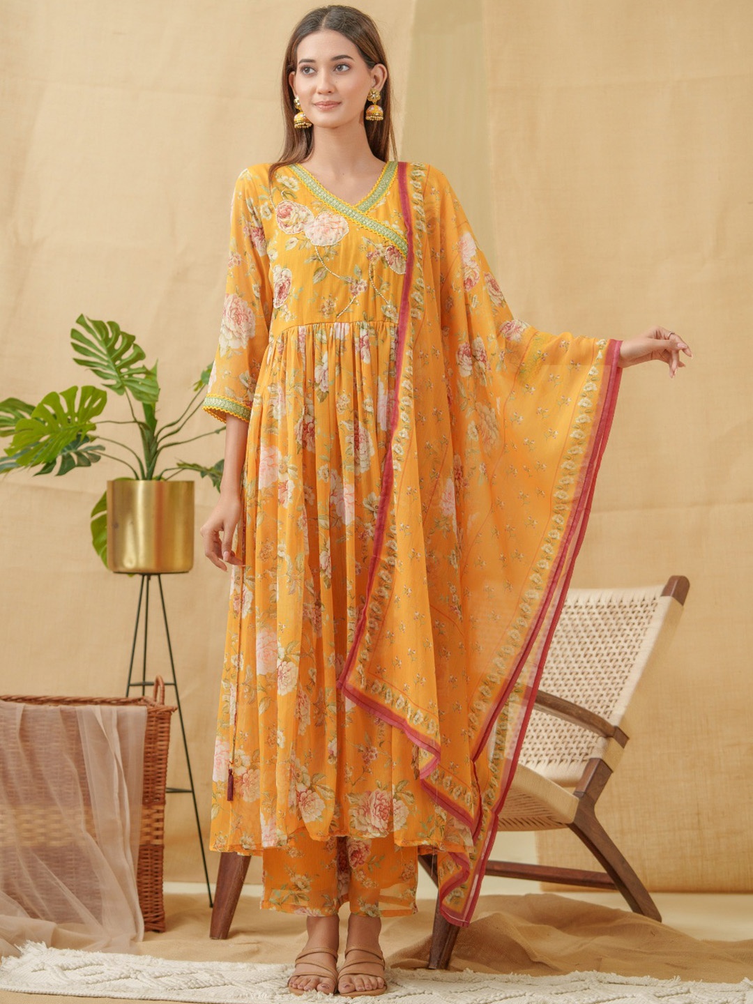 

Ishin V-Neck Floral Printed Angrakha Kurta with Palazzos & Dupatta, Mustard