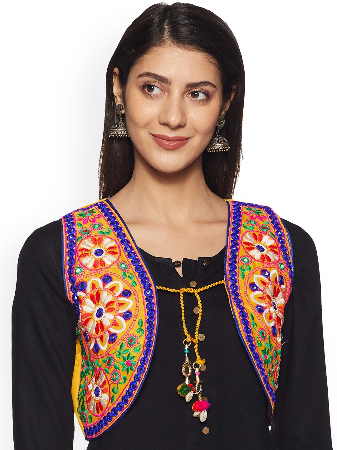 

BANJARA INDIA Women Crop Open Front Jacket with Embroidered, Yellow