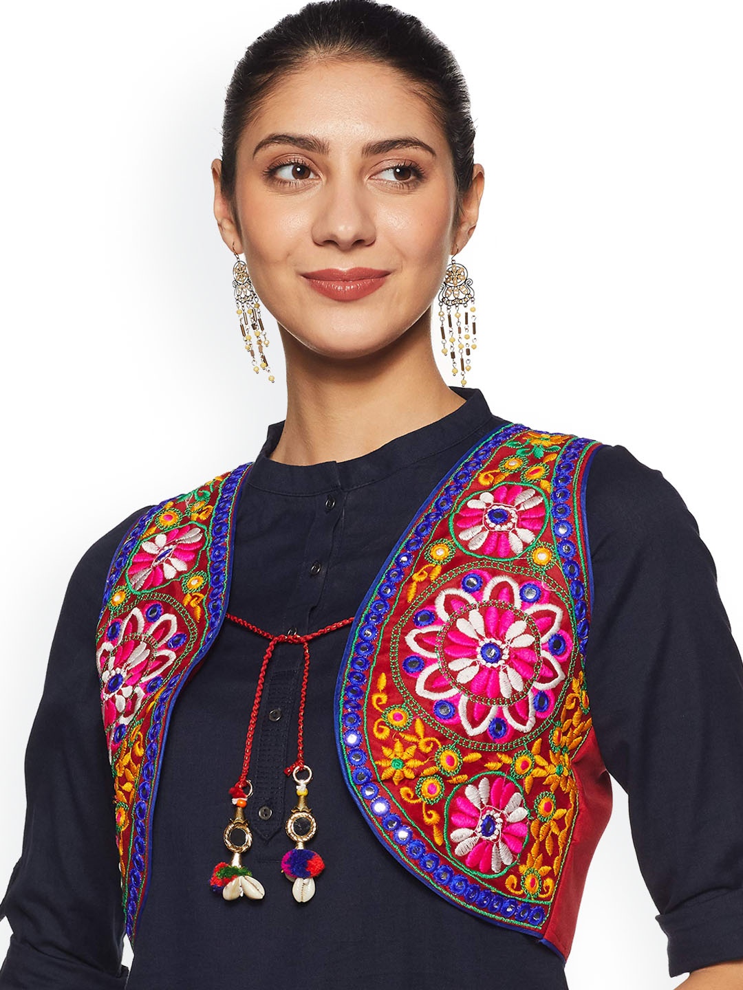 

BANJARA INDIA Women Crop Open Front Jacket with Embroidered, Red