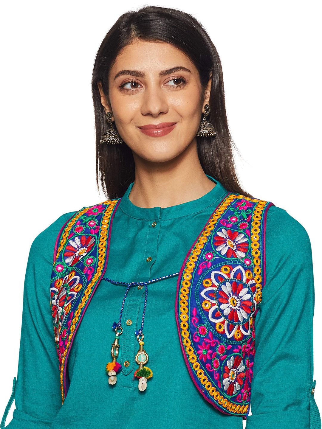 

BANJARA INDIA Women Floral Crop Open Front Jacket with Embroidered, Blue