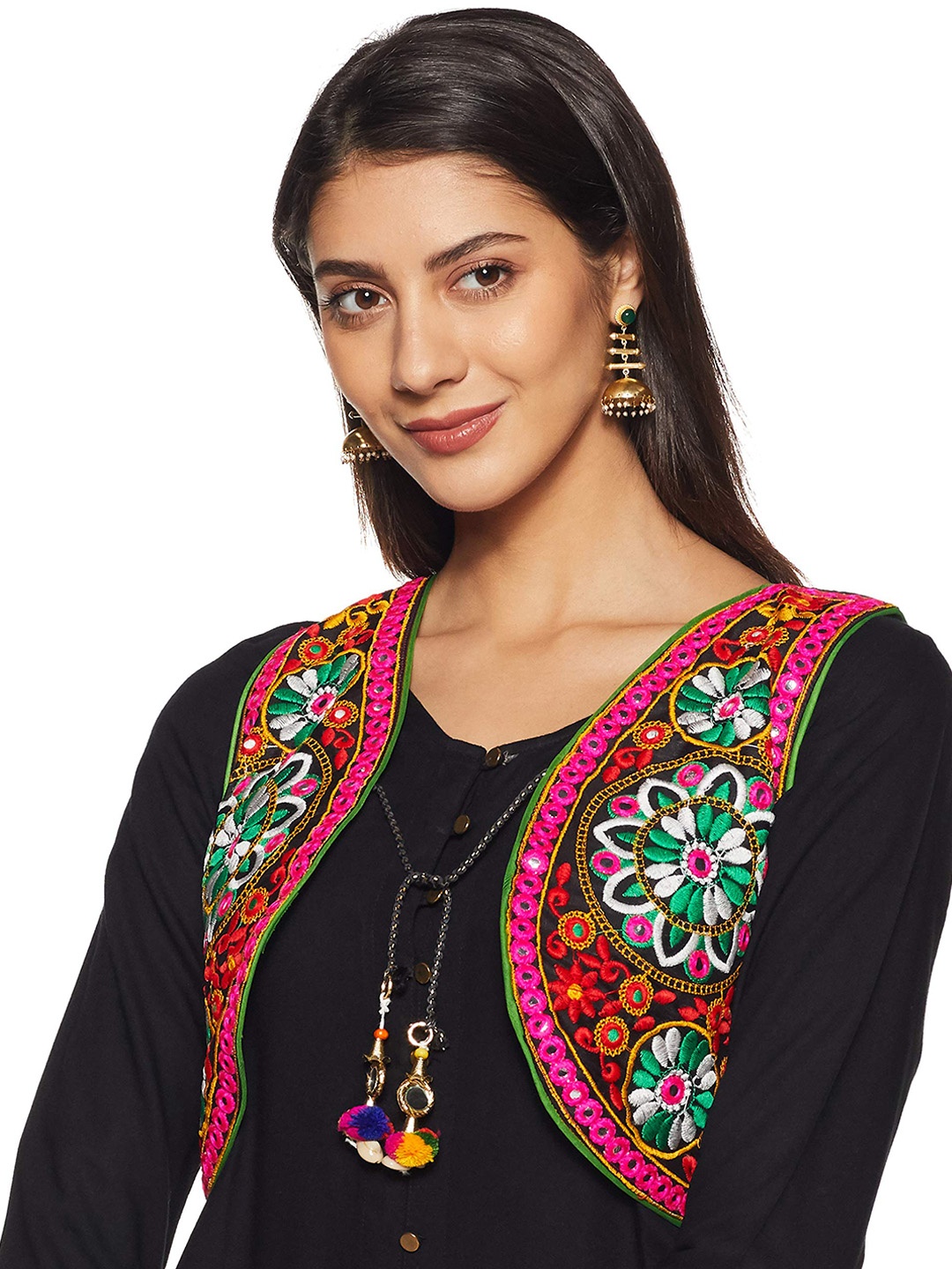 

BANJARA INDIA Women Floral Crop Open Front Jacket with Embroidered, Black