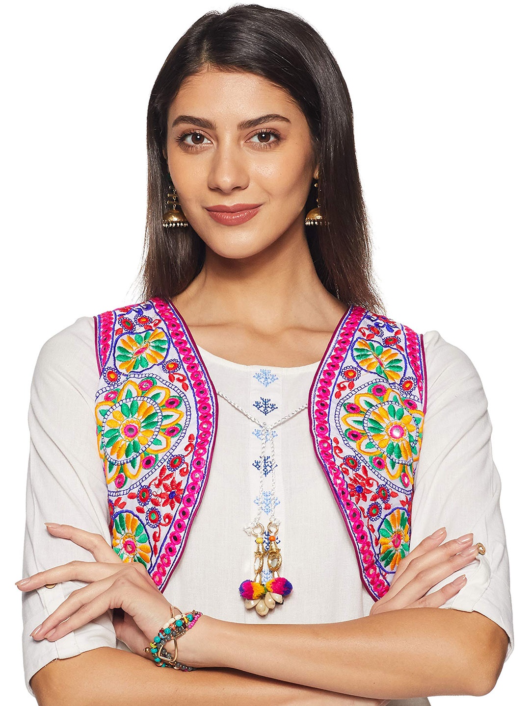 

BANJARA INDIA Women Floral Crop Tailored Jacket with Embroidered, White