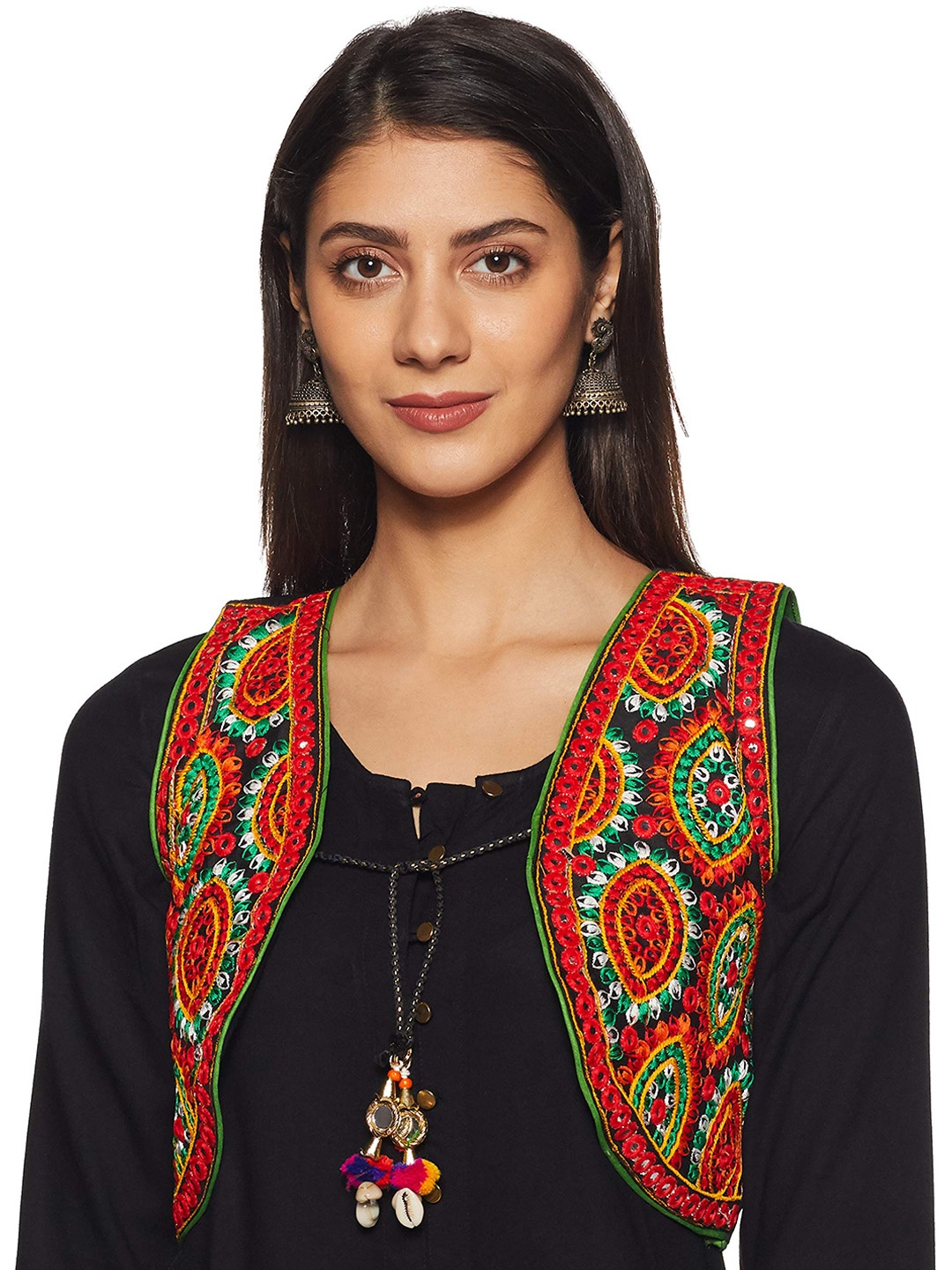 

BANJARA INDIA Women Geometric Crop Open Front Jacket with Embroidered, Black