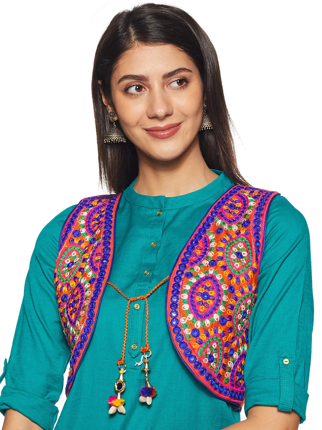 

BANJARA INDIA Women Floral Crop Open Front Jacket with Patchwork, Orange