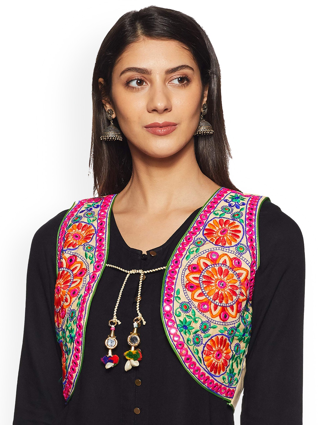 

BANJARA INDIA Women Floral Crop Open Front Jacket with Embroidered, Beige