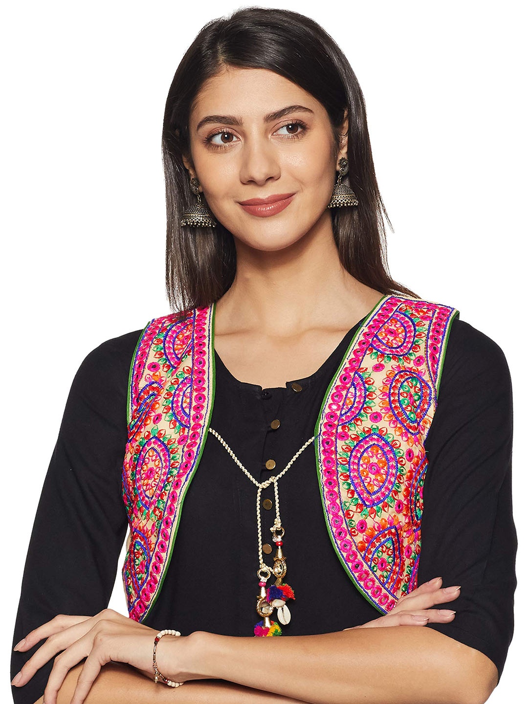 

BANJARA INDIA Women Floral Crop Open Front Jacket with Embroidered, Beige