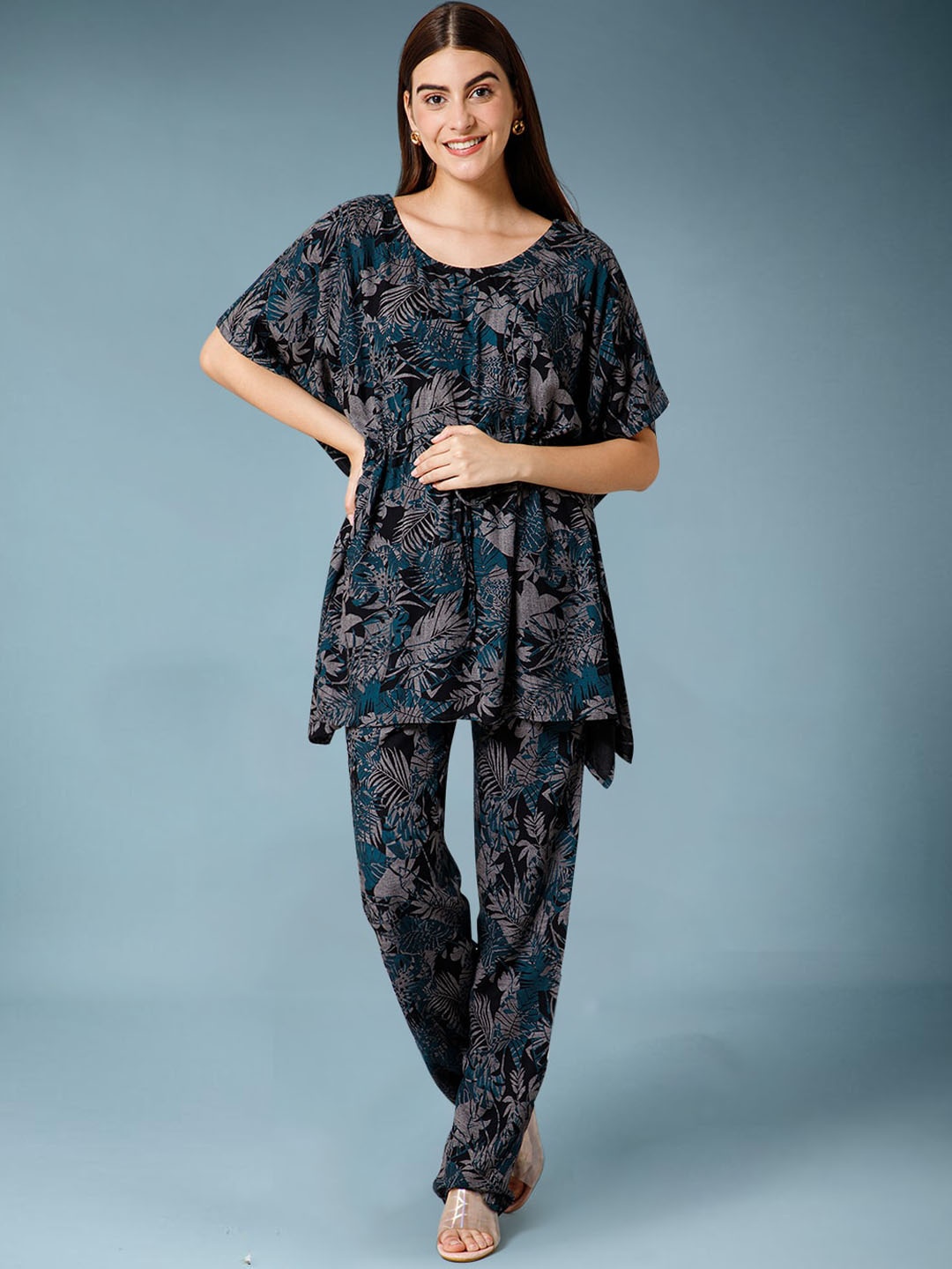 

DressBerry Brown Tropical Printed Kaftan Top & Trouser, Blue