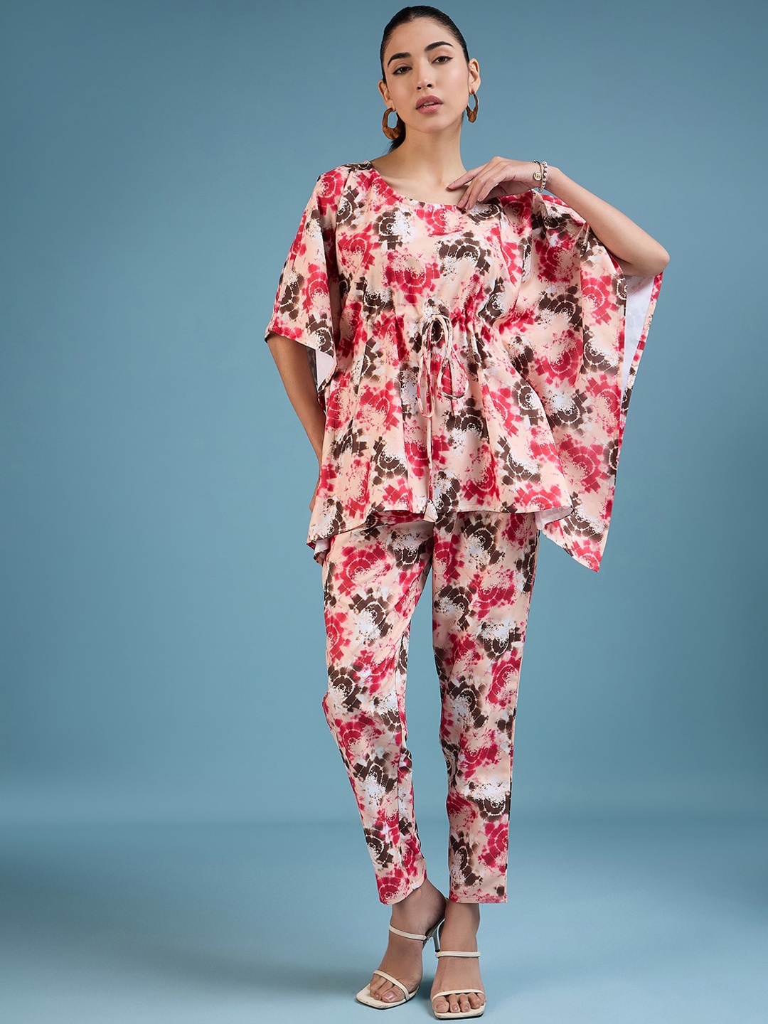 

DressBerry Peach Coloured Printed Round Neck Top With Trousers