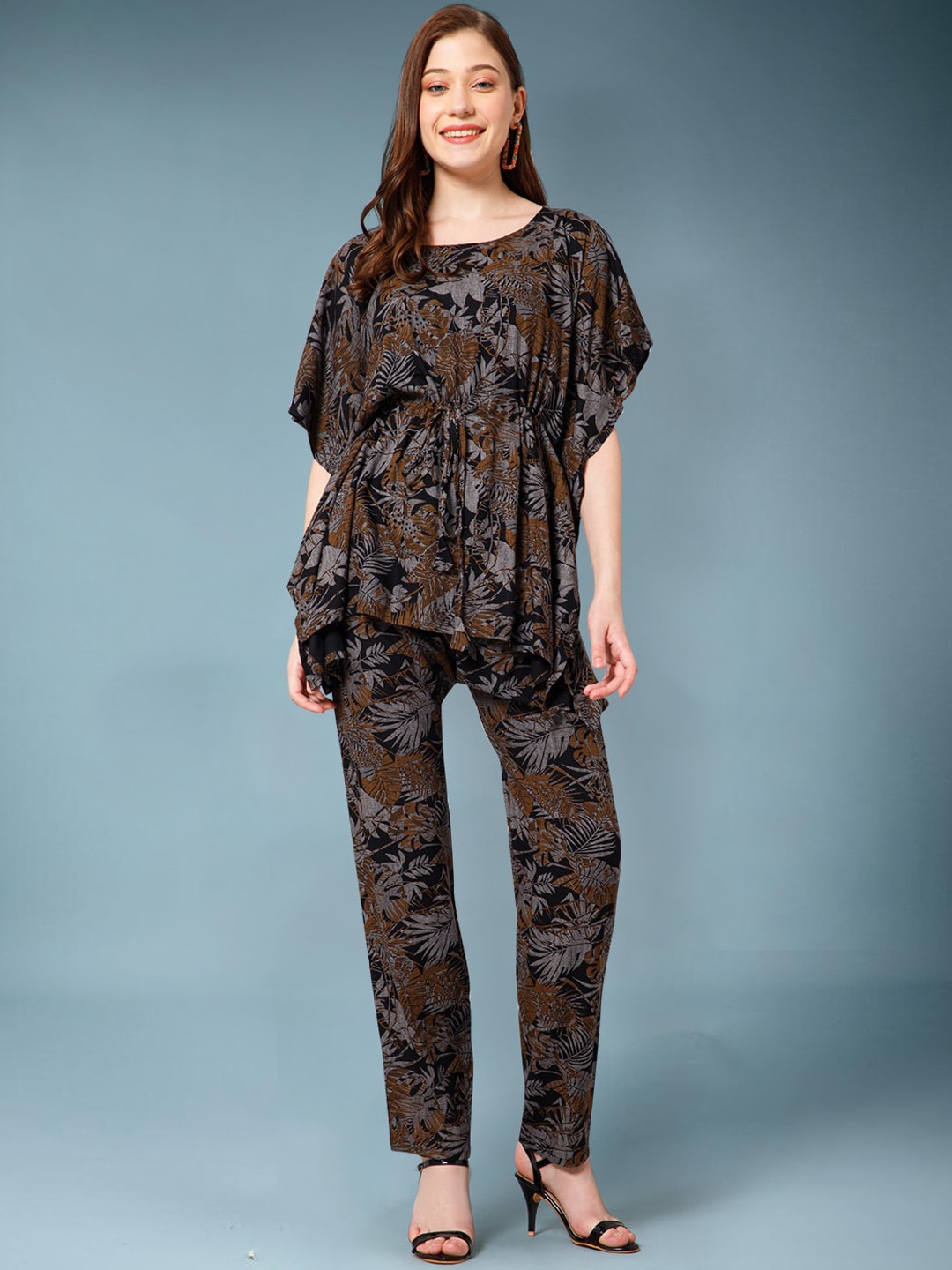 

DressBerry Brown Tropical Printed Kaftan Top & Trouser