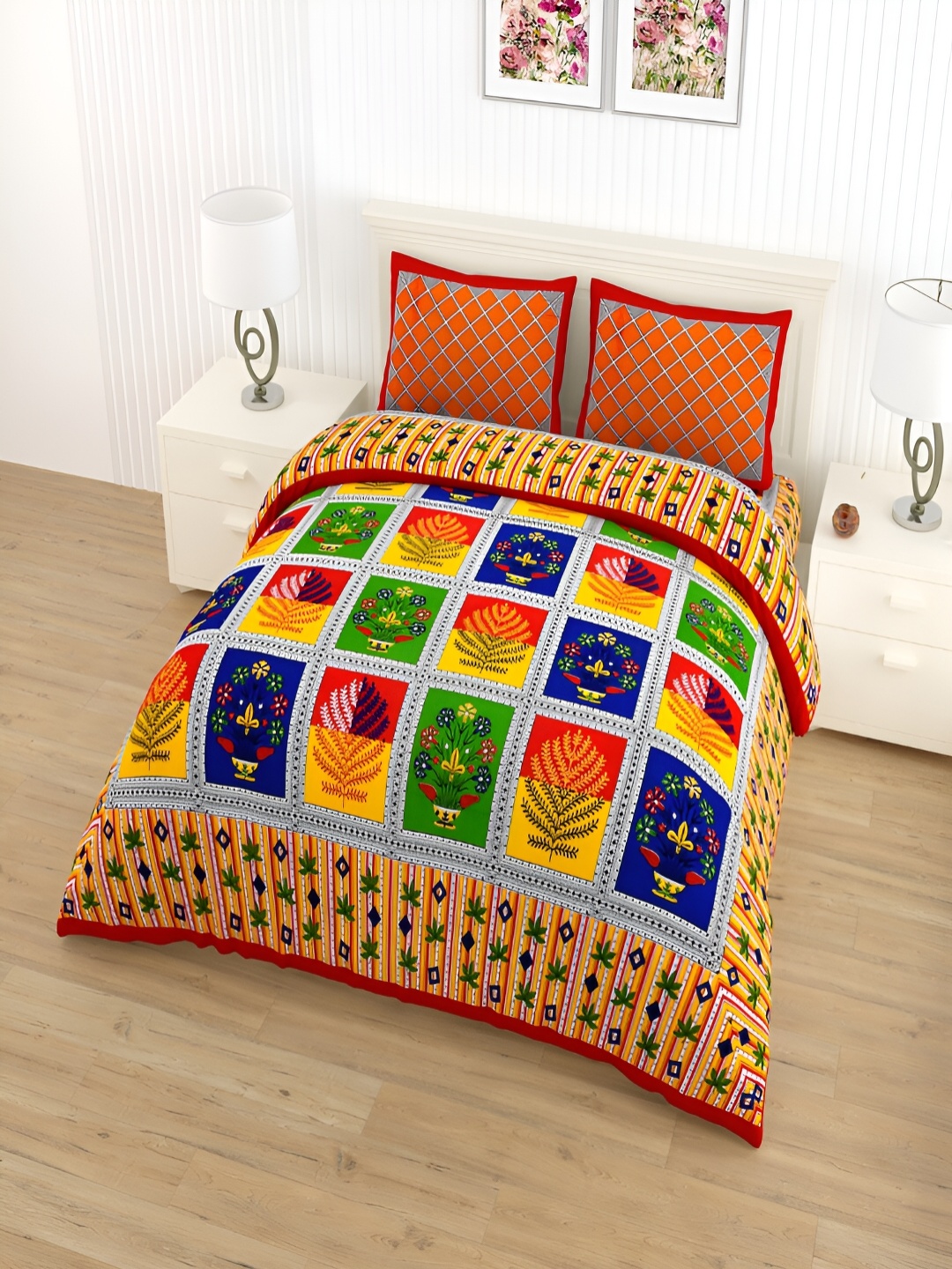 

Qfab Orange Floral 144 TC King Bedsheet with 2 Pillow Covers