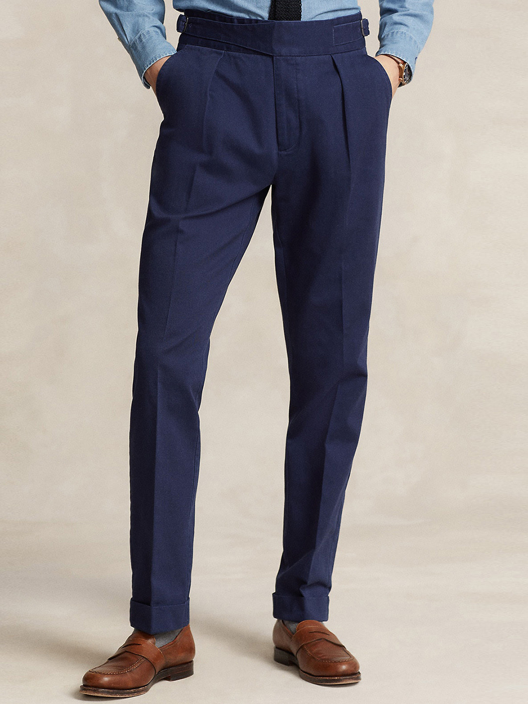 

Polo Ralph Lauren Men Pure Cotton Pleated Slim-Fit Easy Wash Formal Trousers, Navy blue