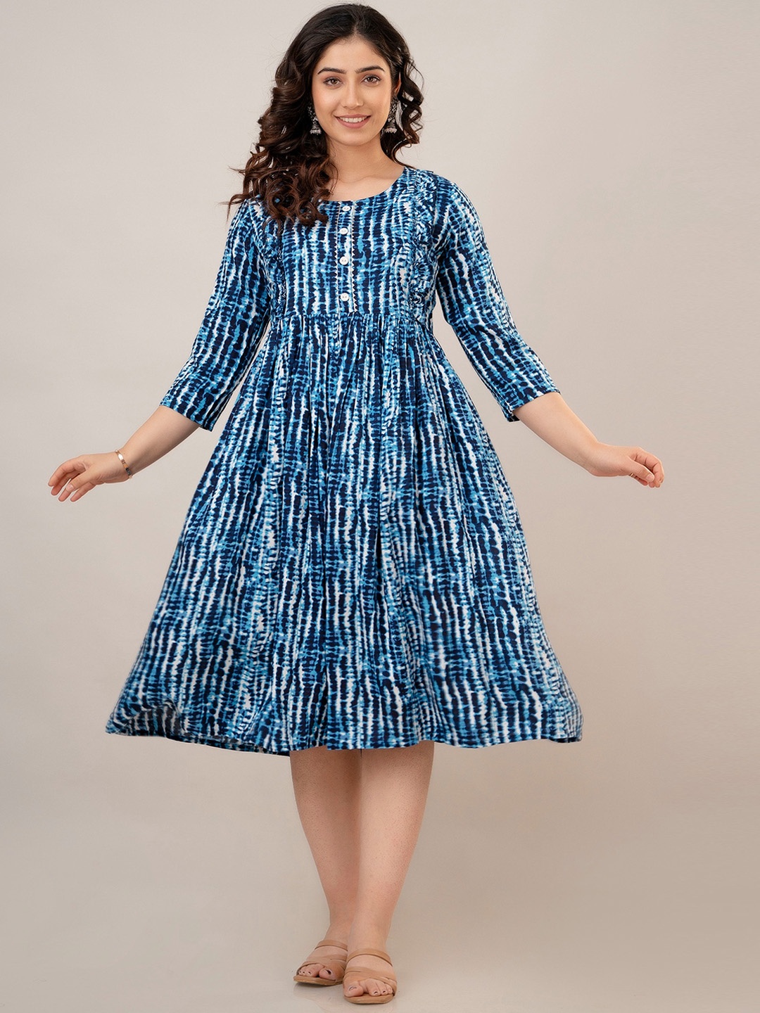 

CELEBRAVO Tie & Dye Printed Gathered Maternity Fit & Flare Midi Ethnic Dress, Blue