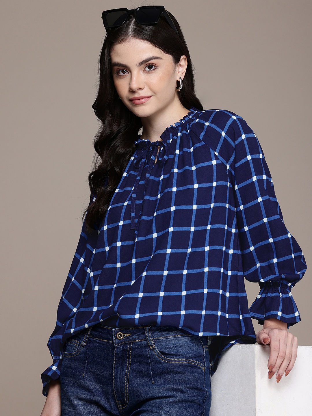 

The Roadster Life Co. Checked Tie-Up Neck Top, Navy blue