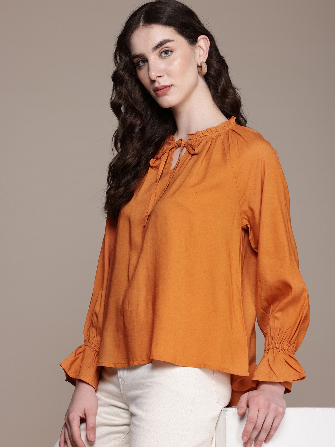 

Roadster Tie-Up Neck Bell Sleeve Top, Orange