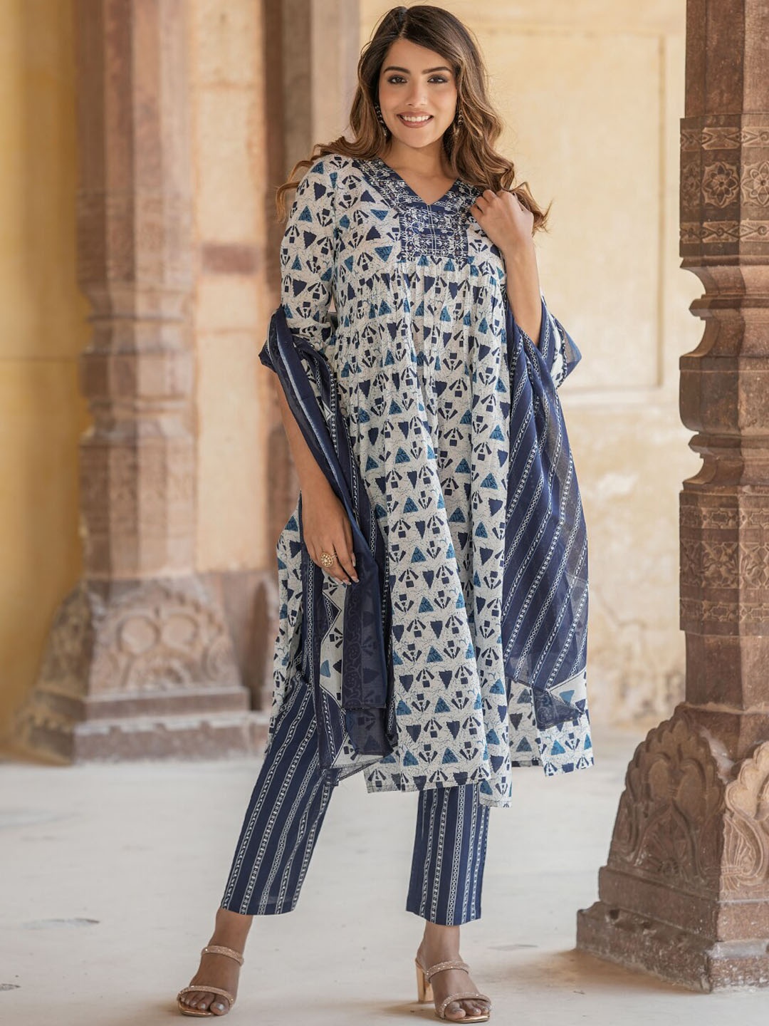 

KALINI Geometric Printed Thread Work Pure Cotton Straight Kurta With Trousers & Dupatta, Blue