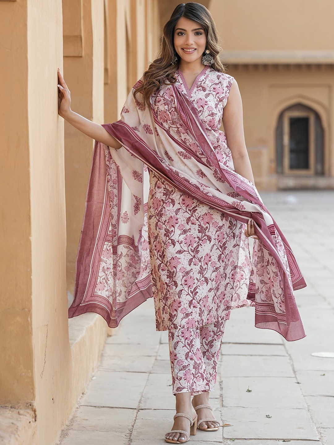 

KALINI Floral Printed Thread Work Pure Cotton Kurta With Trouser & Dupatta, Mauve