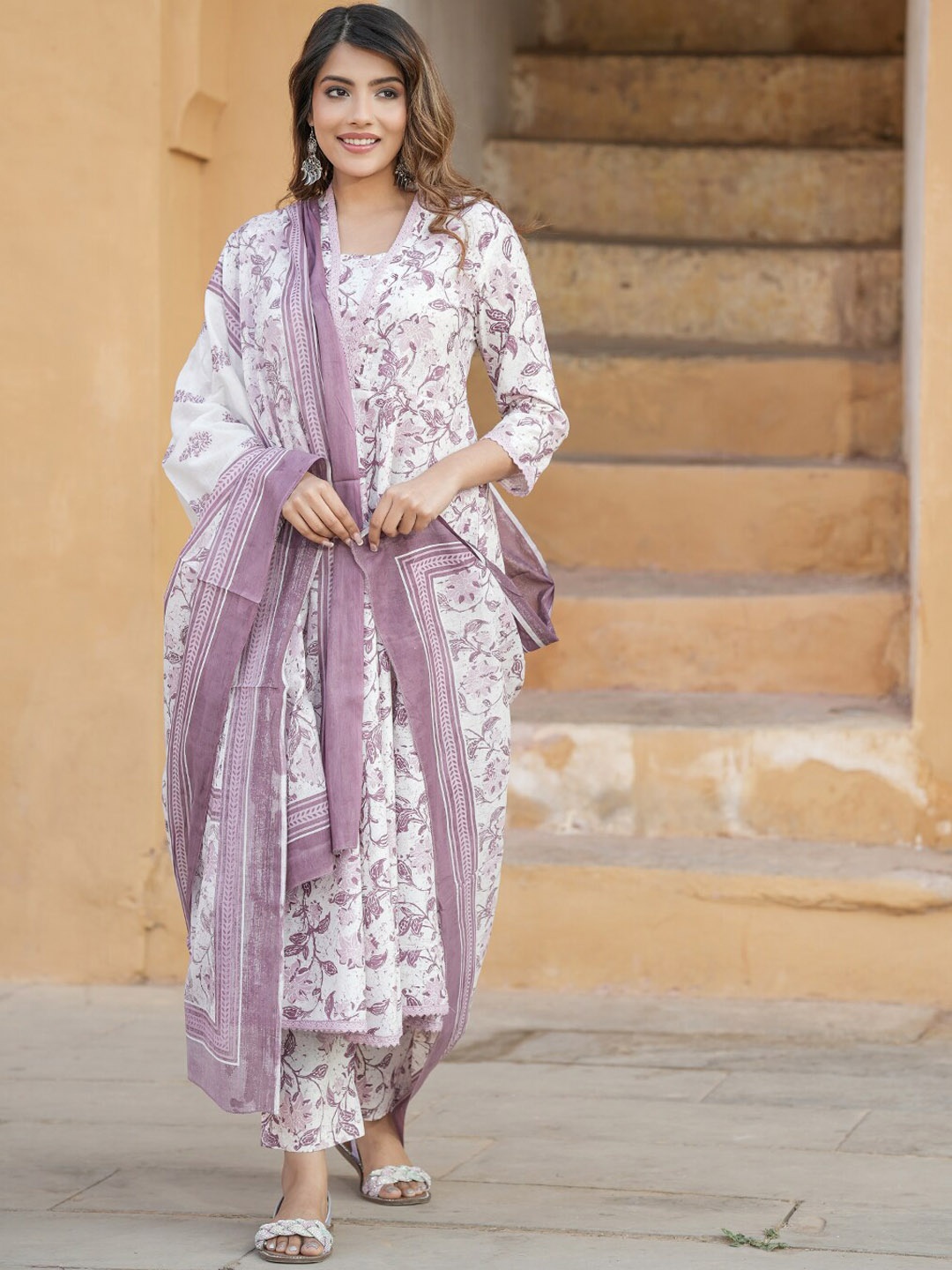 

KALINI Floral Printed V-Neck Thread Work Anarkali Cotton Kurta with Trousers & Dupatta, Pink