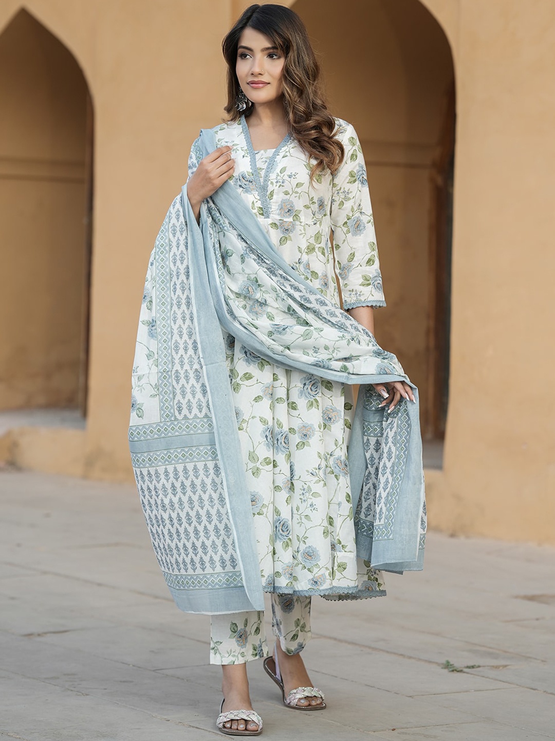 

KALINI Floral Printed V-Neck Thread Work Pure Cotton Empire Kurta with Trousers & Dupatta, Grey