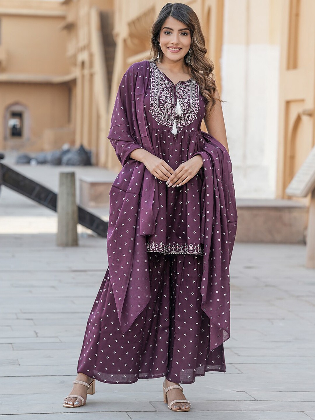 

KALINI Ethnic Motifs Printed Regular Thread Work Kurta with Sharara & Dupatta, Purple