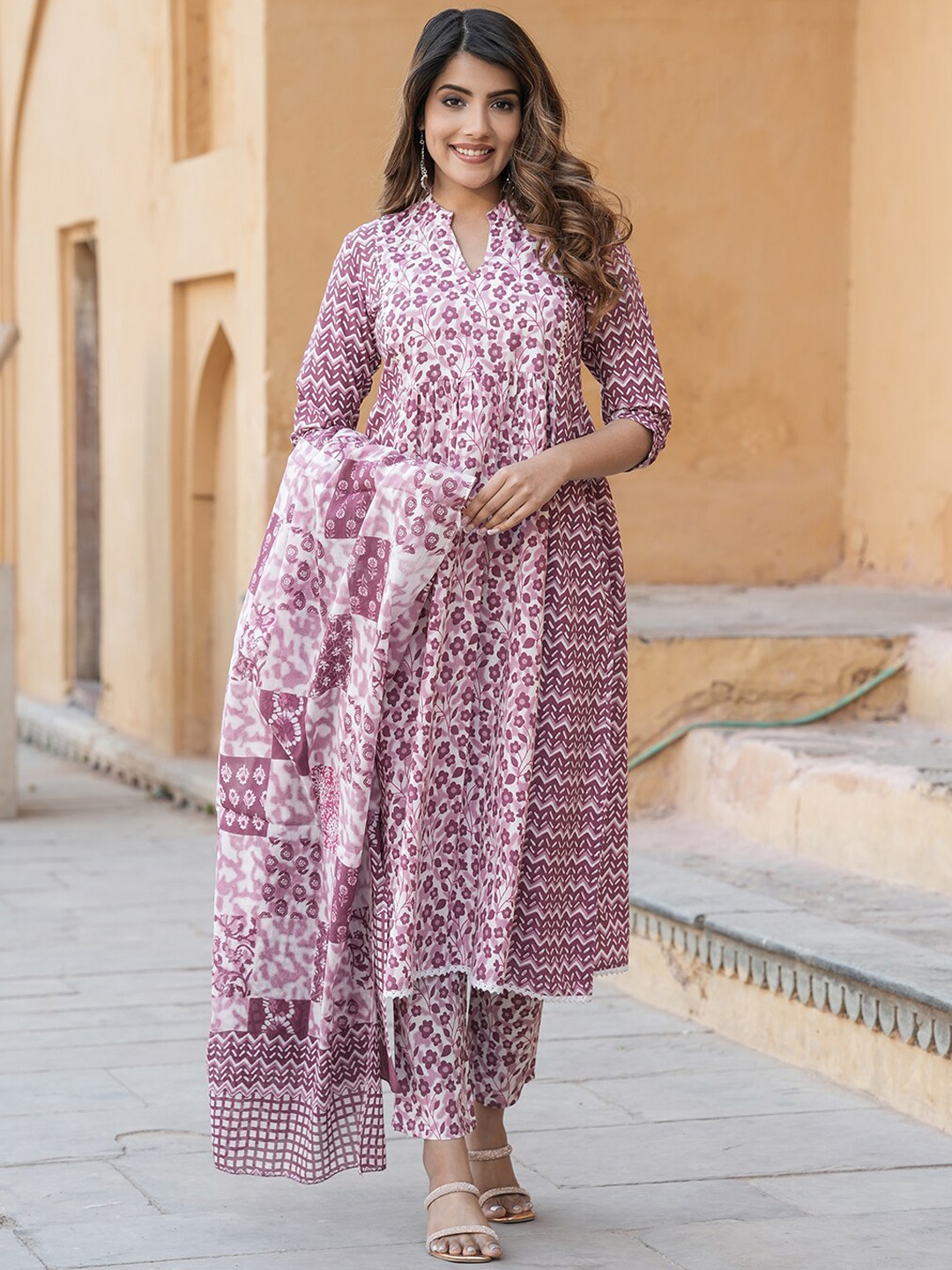 

KALINI Ethnic Motifs Printed Empire Thread Work Pure Cotton Kurta with Trousers & Dupatta, Mauve