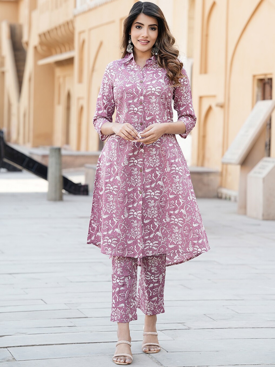 

KALINI Women Floral Printed Regular Pure Cotton Kurta with Trouser, Mauve