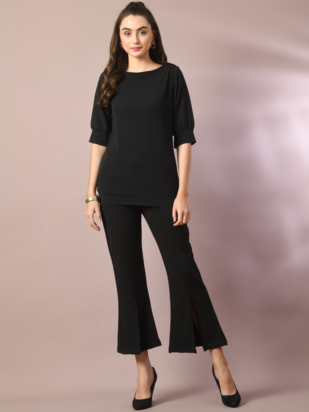 

Myshka Puff Sleeves Top With Trousers, Black