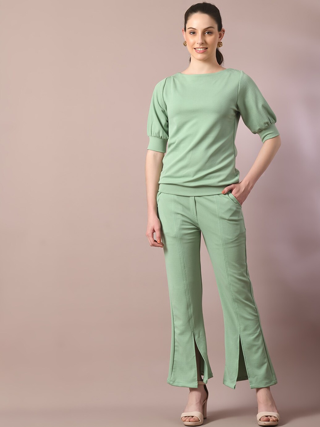 

Myshka Boat Neck Puff Sleeves Top With Trousers Co-Ords, Sea green